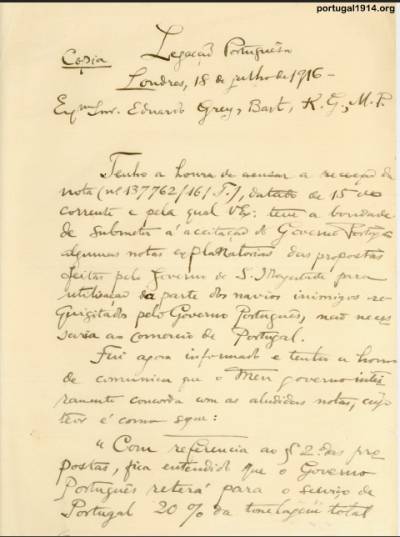 Carta da legação de Portugal em Londres dirigida a Sir Edward Grey