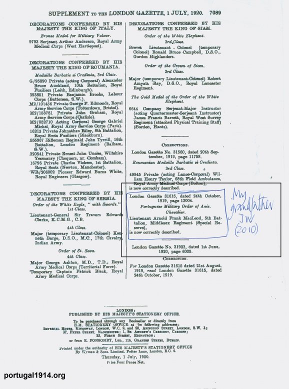 Registo da condecoração militar portuguesa atribuída a Arnold Frank MacLeod