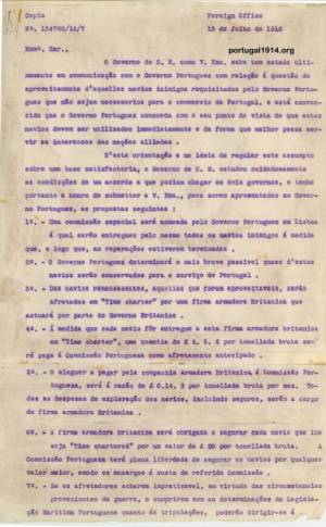 Carta da Legação portuguesa em Londres sobre os navios alemães apreendidos pelo governo português