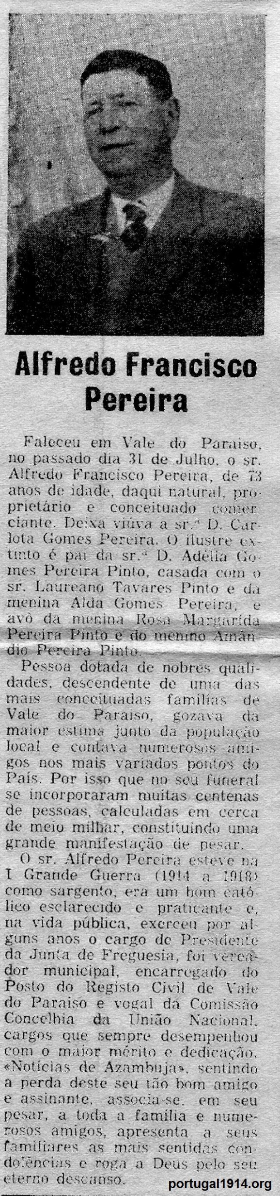 O falecimento de Alfredo Francisco Pereira - notícia de jornal