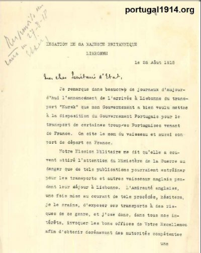 Legação de Sua Majestade Britanica em Lisboa -  Chegada a Lisboa do transportador Kursk  que o Governo de sua Majestade coloca à disposição do Governo de Portugal para transportar certas tropas via França